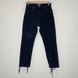 Re/Done Levi's High Rise Ankle Crop Raw Hem Distressed Black
